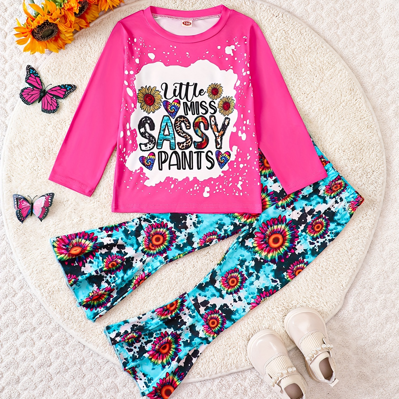 

2pcs Western Style Outfits, Letter Print Crew Neck Top + Flare Pants Set Kids Clothes For Spring Fall Gift