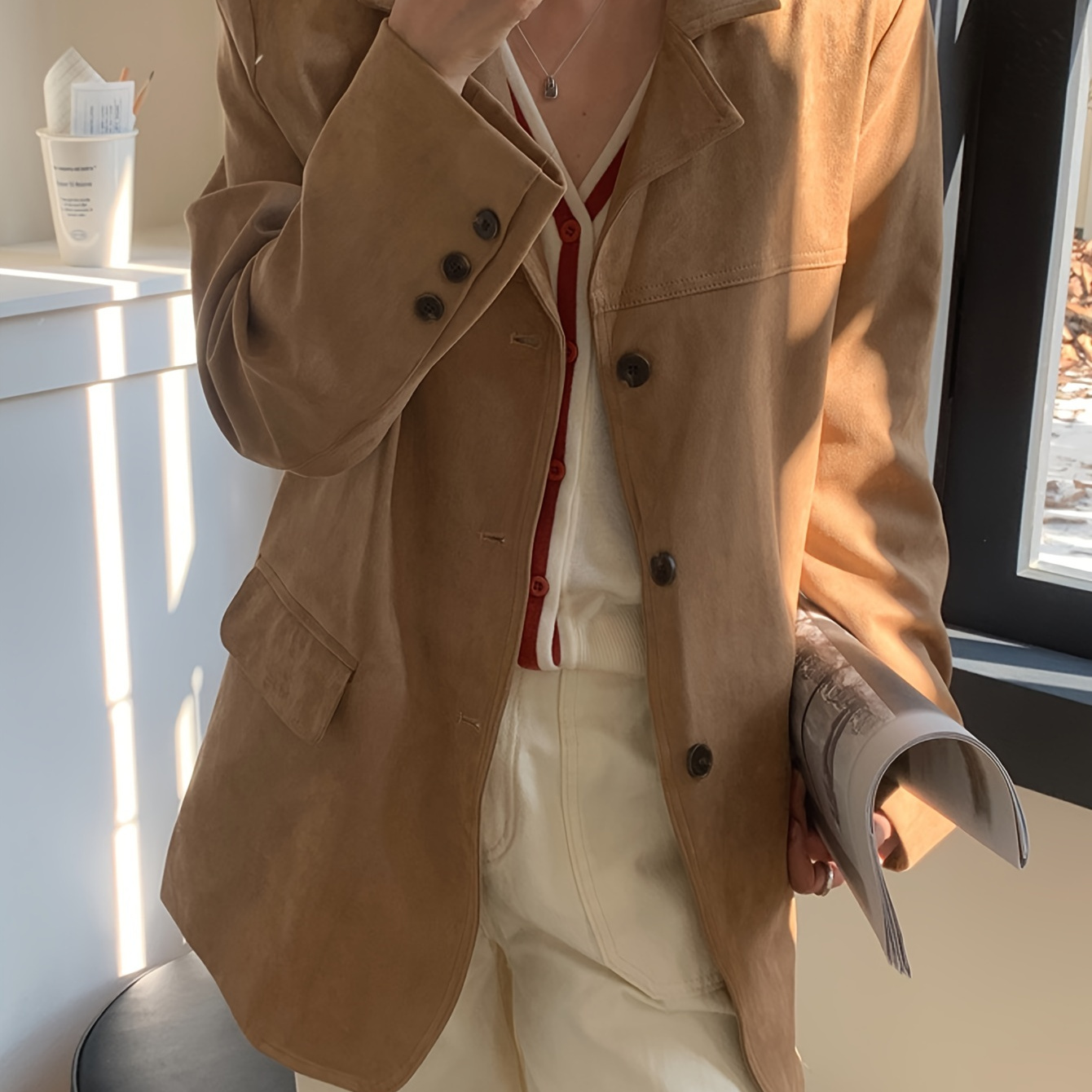 

- Mid-length For Women - Suede , Long Sleeve, Breasted Lapel