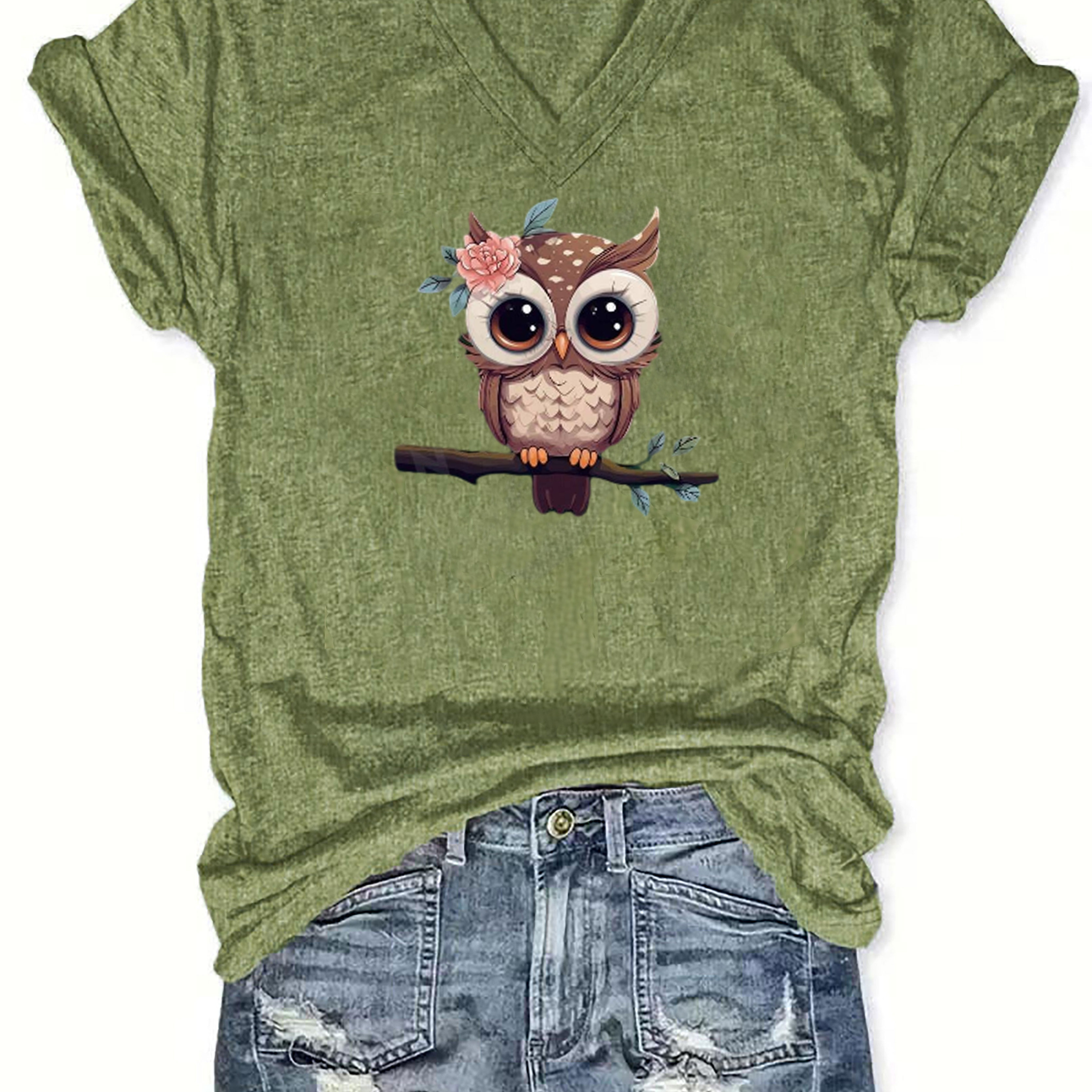 

Owl Print V Neck T-shirt, Casual Short Sleeve T-shirt For , Women's Clothing