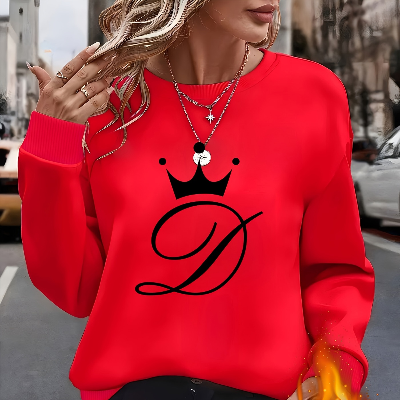 

Women's & "d" Design Fleece-lined Long Sleeve Crewneck Sweatshirt - Cozy Polyester Knit, Elegant Style, Machine Washable,