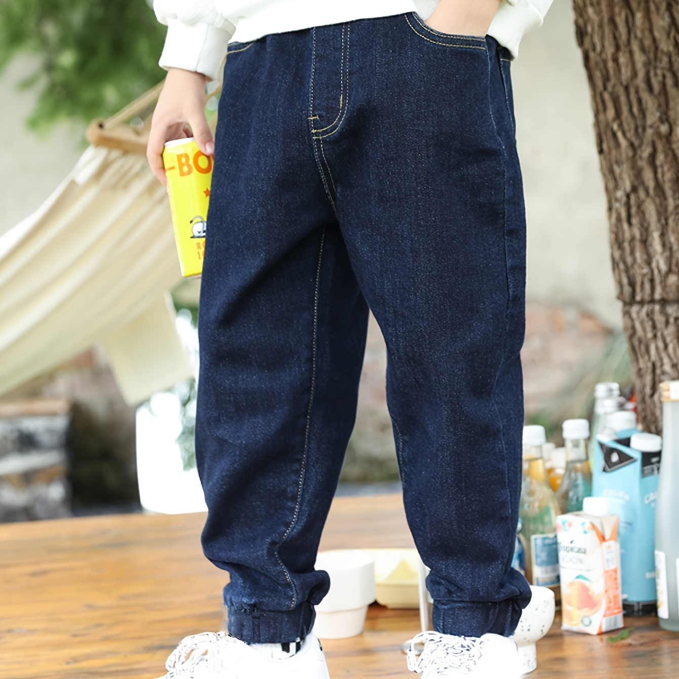 

Boy's Relaxed High-waisted Denim Jogger Pants With Elastic Waistband And Cuffed Ankle