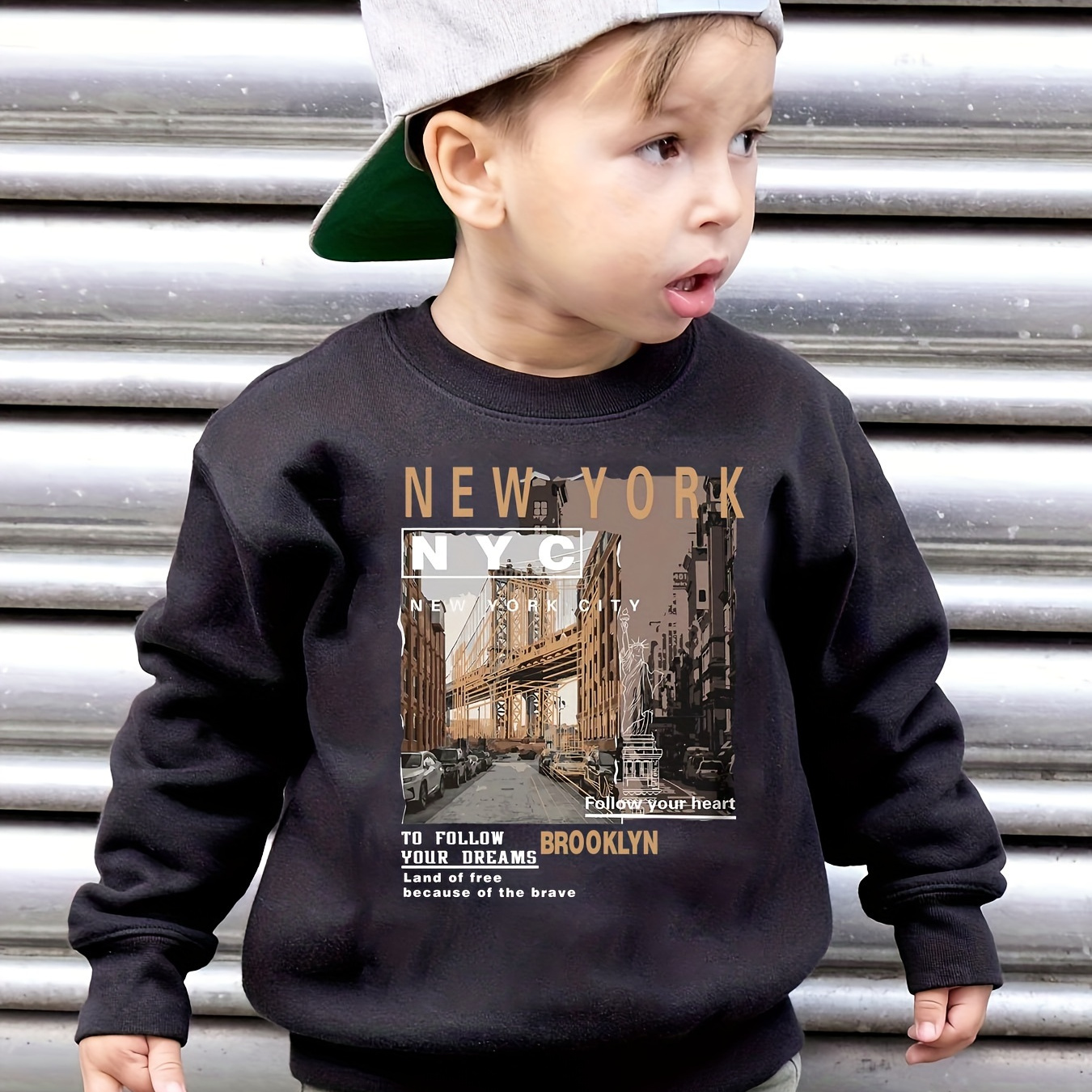 

Boy's Casual Trendy Sweatshirt For Fall - New York Brooklyn Nyc... & City Scenery Print Long Sleeve Top As Gift