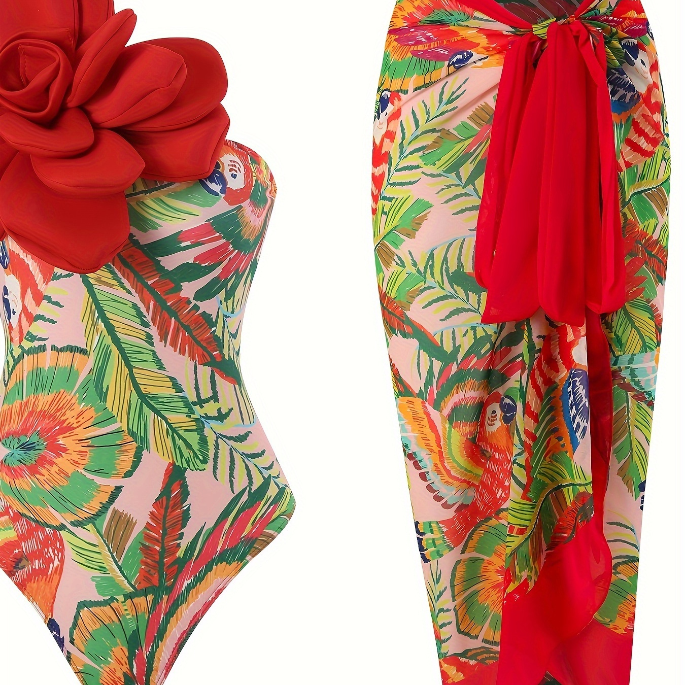 

2023 -piece Swimsuit With A Chinese-style Bird Print And Red Roses