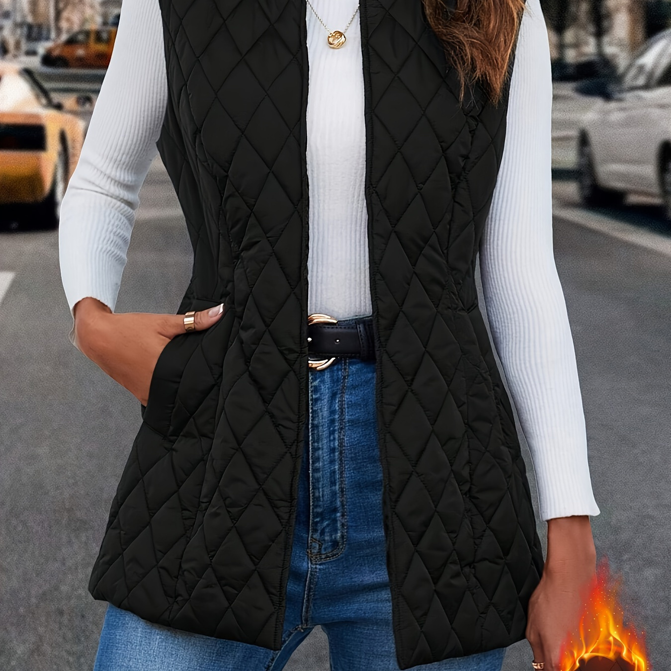 

Solid Color Open Front Quilted Vest, Elegant Sleeveless Slant Pockets Vest For Fall & Winter, Women's Clothing