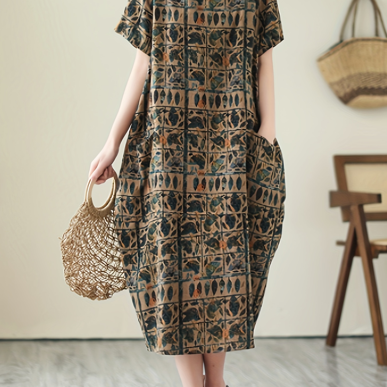 

Allover Print With Pocket Loose Dress, Vintage Short Sleeve Dress For Spring & Summer, Women's Clothing