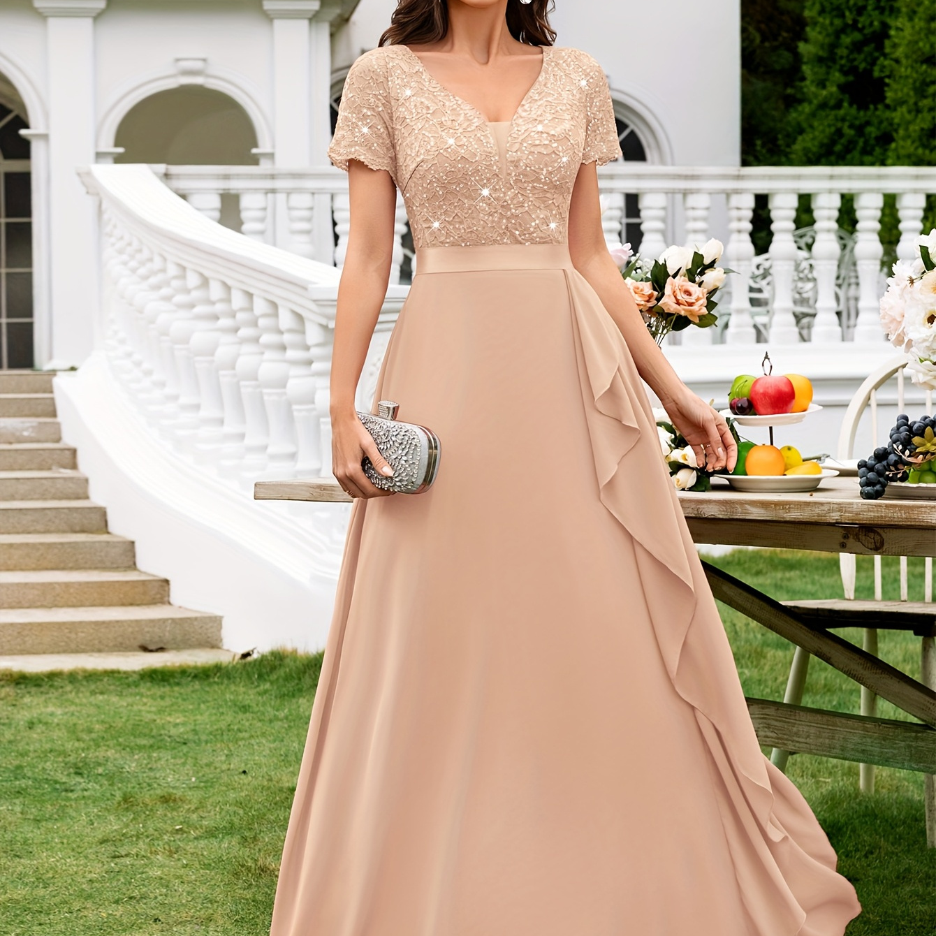 24245A Elegant Women'S Sequin Lace Bridesmaid Maxi Dress, Mesh V-Neck Short  Sleeves, A-Line Chiffon * Hem * Formal, Wedding, Evening Ball, Party,  Anniversary