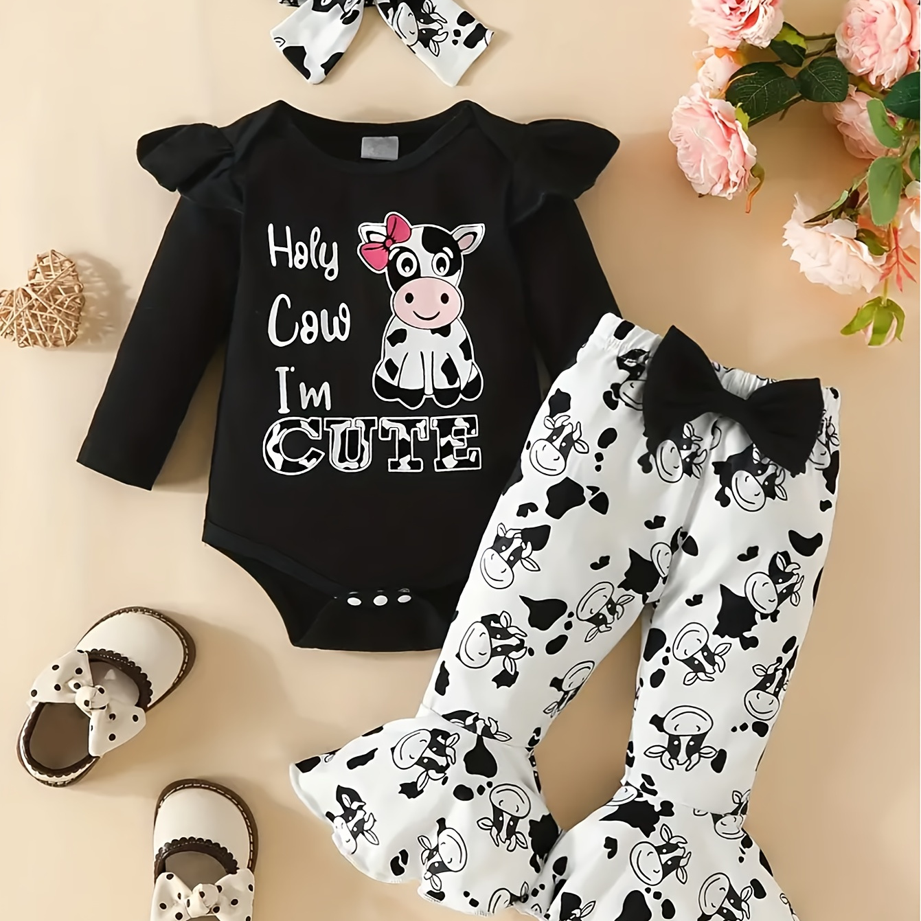 

Baby Girls' Cartoon Cow & Letter Print Romper + Allover Cow Print Bow Flared Trouser With Headband