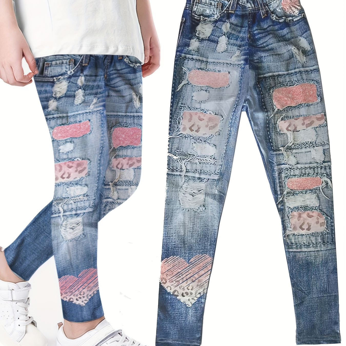 

Thin Leggings Sweet & Breathable Heart Pattern Faux Denim Print Leggings Girls Kids Clothes Gift Spring Fall