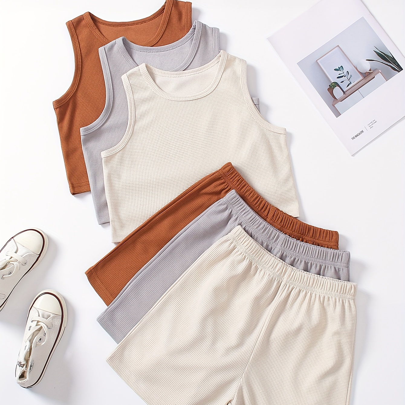 

Solid Color 3 Sets Girls/boys Waffle Sleeveless Crop Tank Tops + Shorts Casual Sports Set Summer