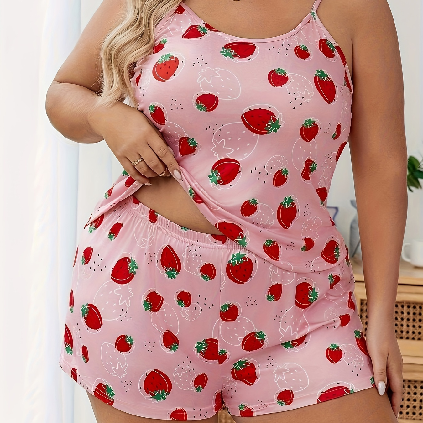 

Women's Plus Cute Pajamas Set, Plus Size Strawberry Print Round Neck Cami Top & Shorts Lounge 2 Piece Set