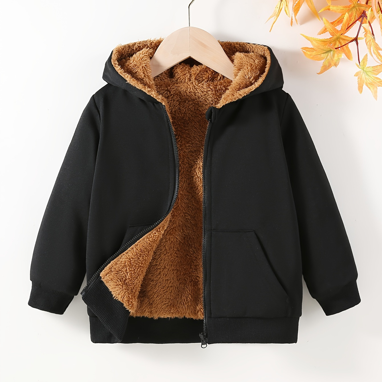 

Kid's Solid Color Fleece Lining Jacket, Warm Zip Up Hooded Coat, Boy's Clothes For Fall Winter Outdoor, As Gift