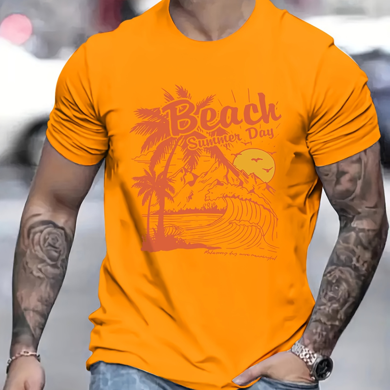 

Men's "beach Summer Day" T-shirt, Round Neck Tee Casual Clothing, Spring And Summer