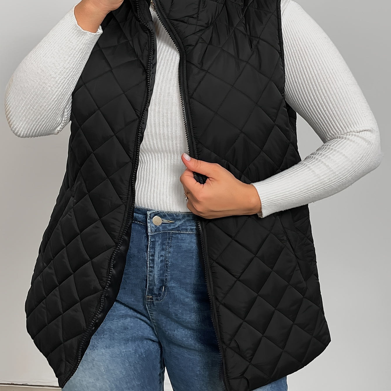 

Size Women's Vest Jacket - Solid Color, Polyester, Non-sheer, Machine Washable, Sleeveless With Pockets | Chic Stand Collar & Zip- For Fall/