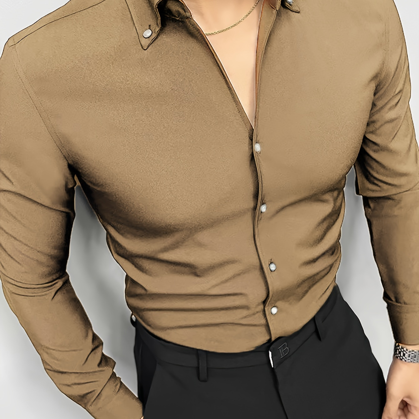 

Men's Solid Shirt, Elegant Lapel Button Up Long Sleeve Slim-fit Shirt For Spring Fall Outdoor Activities Party Gift