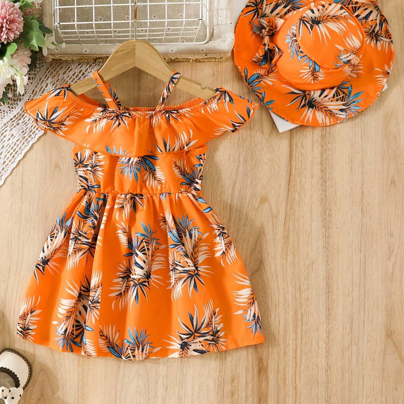 

Fancy Dress For Toddler Baby Girl Floral Off-shoulder Princess Dress & Beautiful Hat For Vacation Beach Casual Clothes