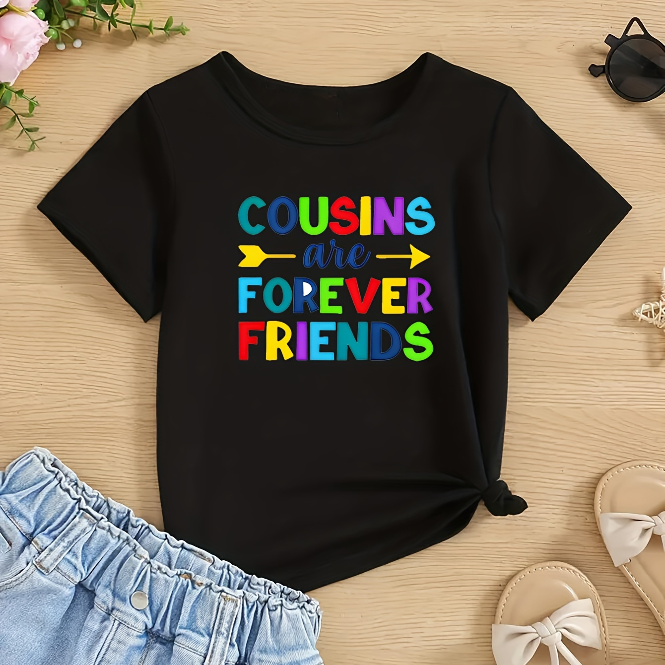 

Cousins Print Crew Neck T-shirt For Girls, Casual Short Sleeve Top, Girl's Clothing For Summer Daily Wear
