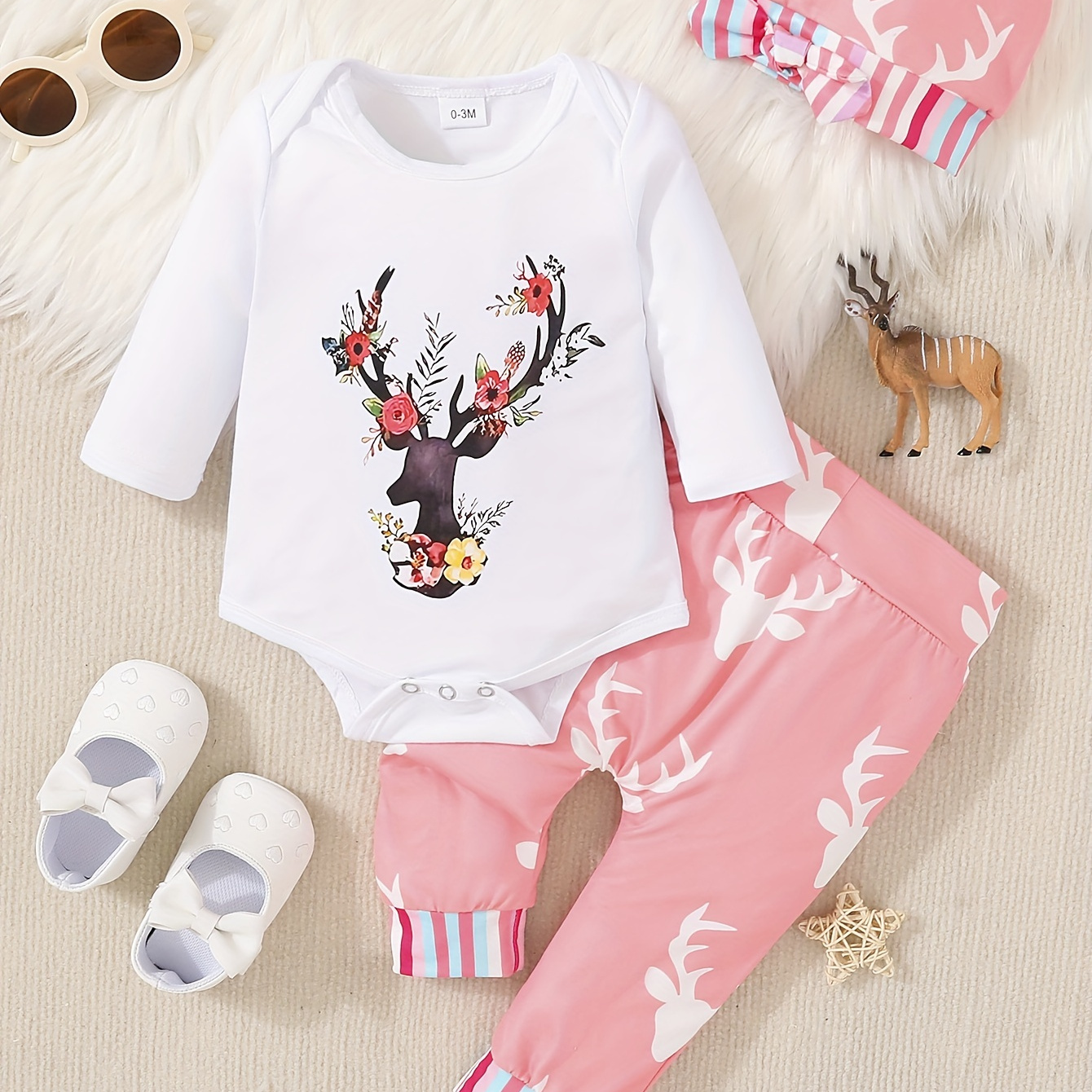 

3pcs Newborn Baby Deer Graphic Cute Outfits, Hunting Toddler's Romper Pants Set With Hat