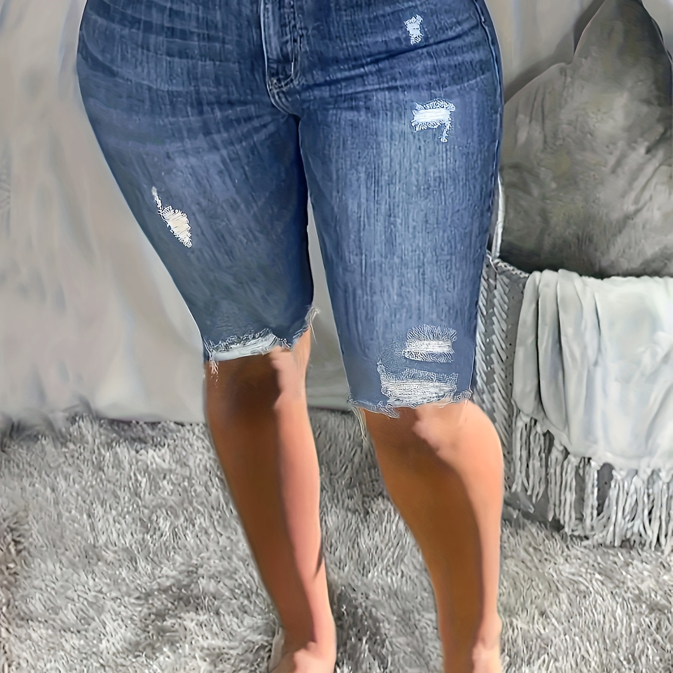 

Frayed Hem Washed Bermuda Denim Shorts, Ripped Holes Slash Pockets Slimming Short Denim Pants, Women's Denim Jeans & Clothing