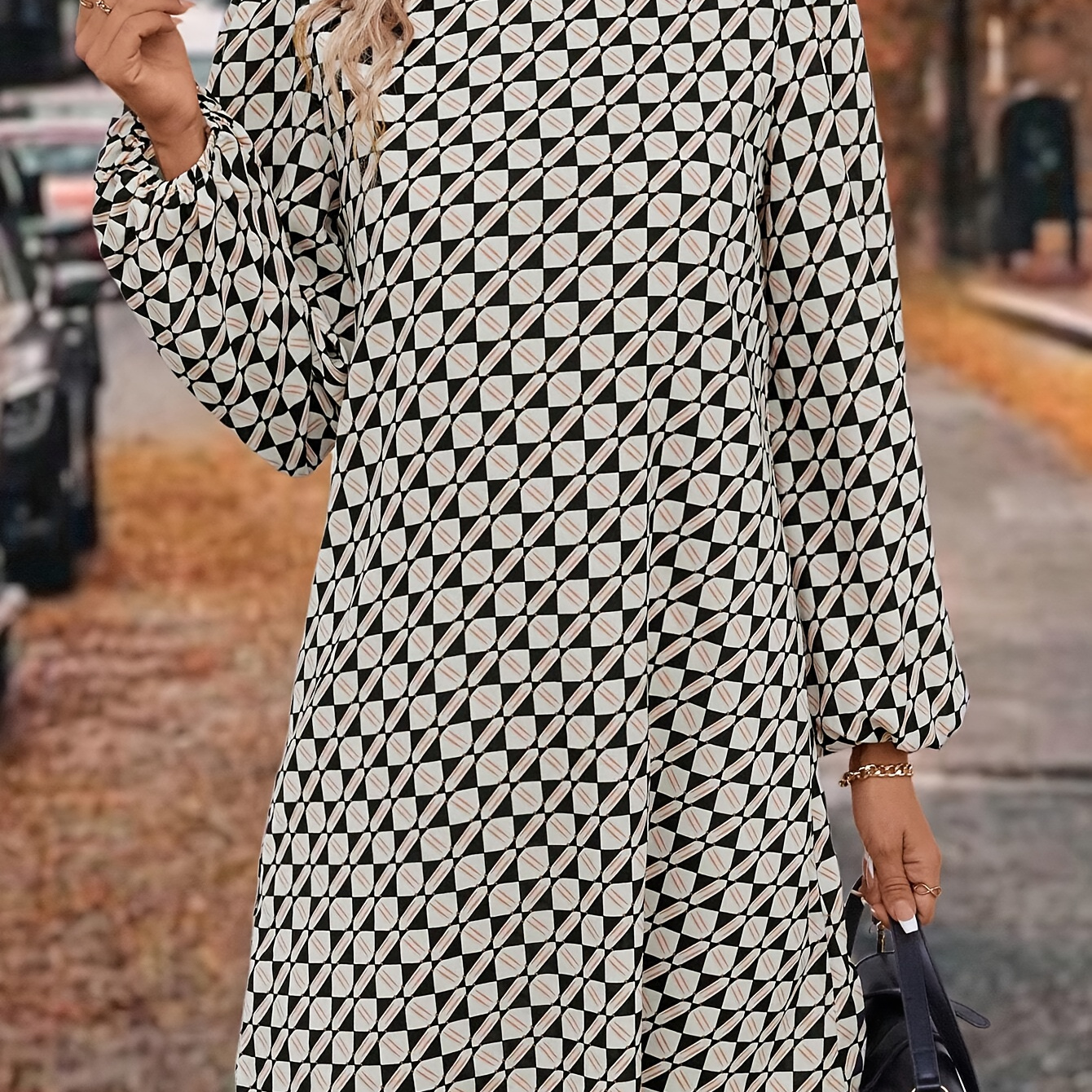 

Elegant Lantern Sleeve Printed Tunic Dress - Polyester, Non-stretch, Round Neck, Spring/summer/fall - Women'