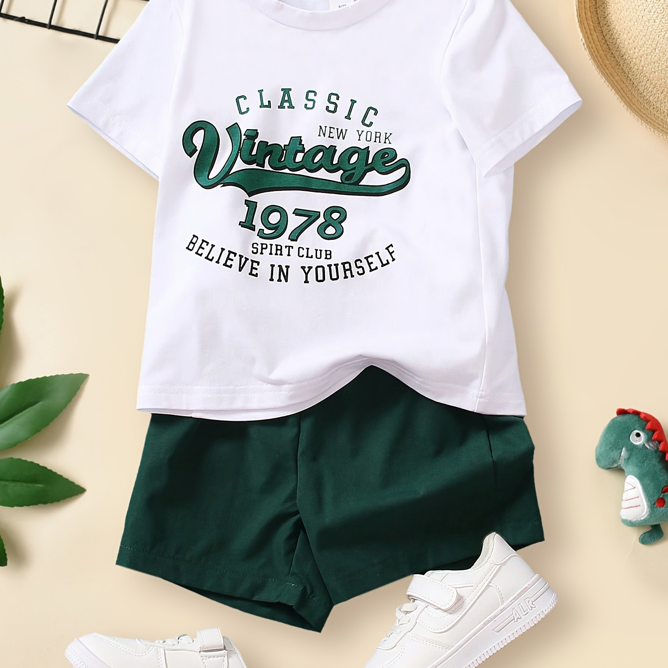 

Boy's "classic Vintage 1978' Pattern 2pcs Casual Outfit, T-shirt & Shorts Set, Boy's Clothes For Summer