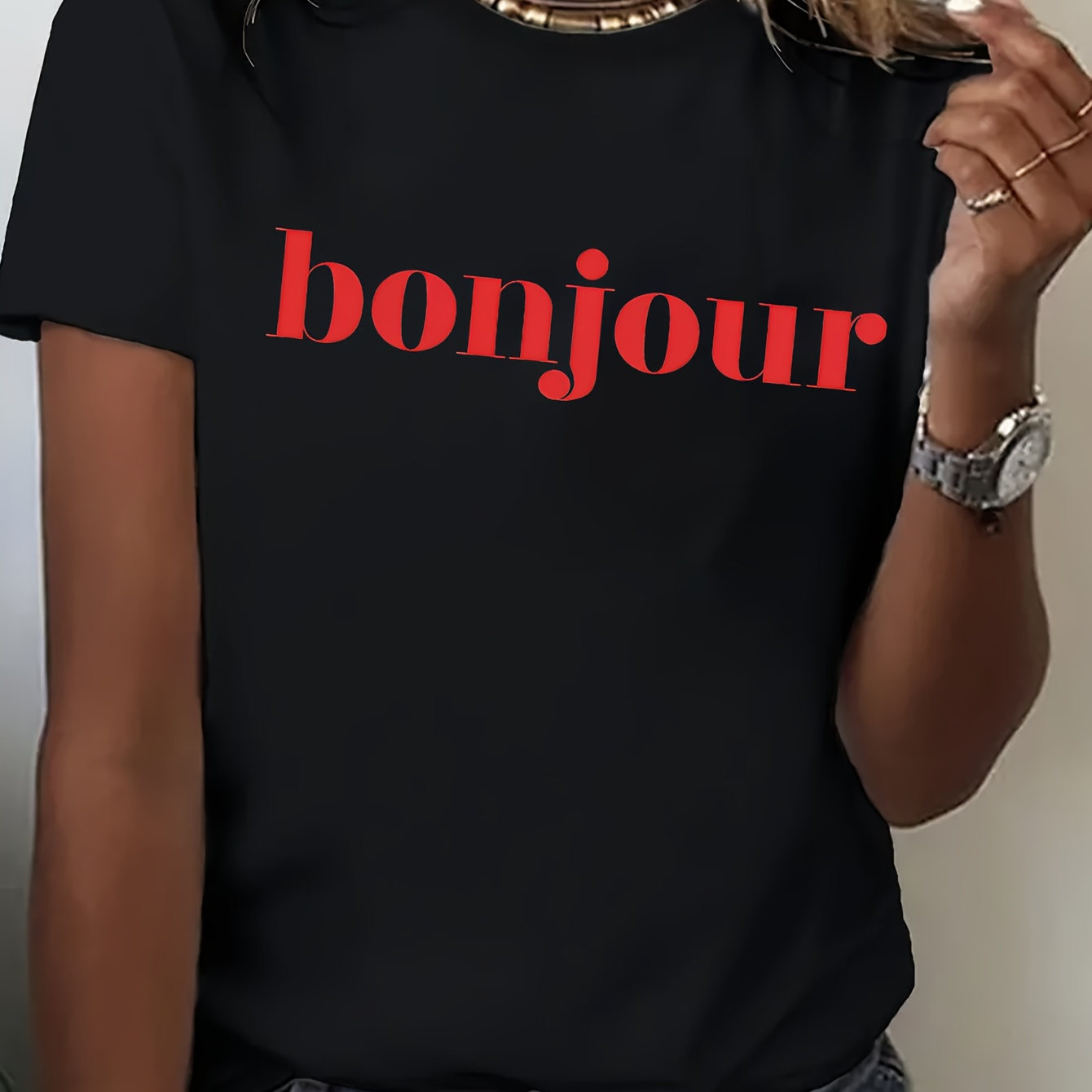 

Women's "bonjour" Print T-shirt, Casual Crew Neck Short Sleeve Top, Loose Fit Fashion Tee For Ladies