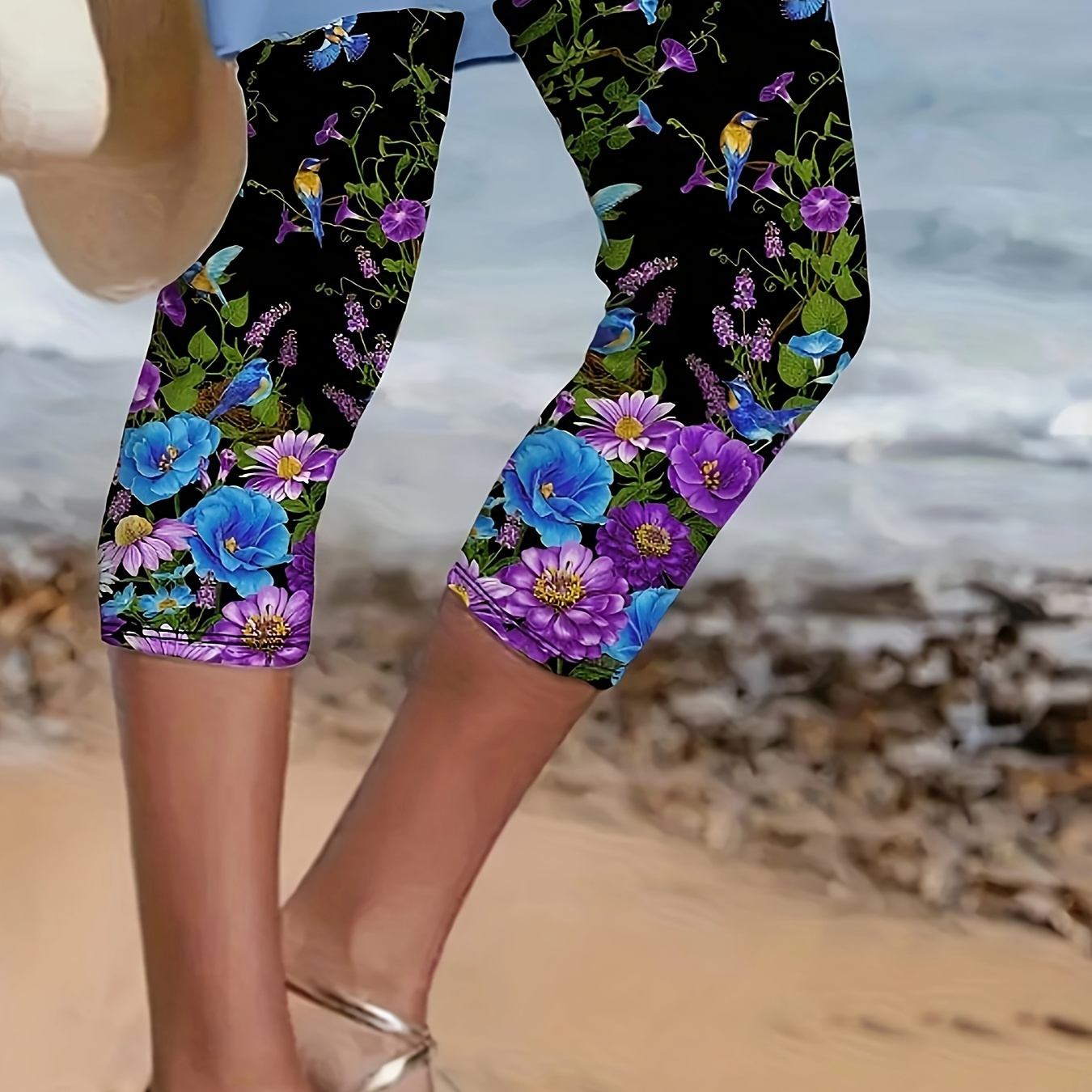 

Leggings courts imprimés floraux grande taille, leggings décontractés extensibles et moulants pour l'été, vêtements grande taille pour femmes