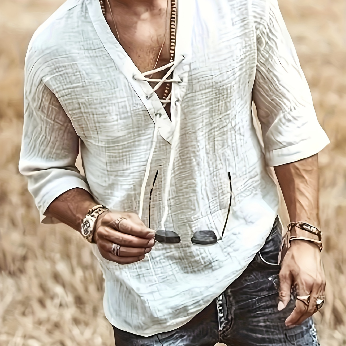 

Casual V Neck Lace Up Henley Men's Everyday Casual Resort Wear
