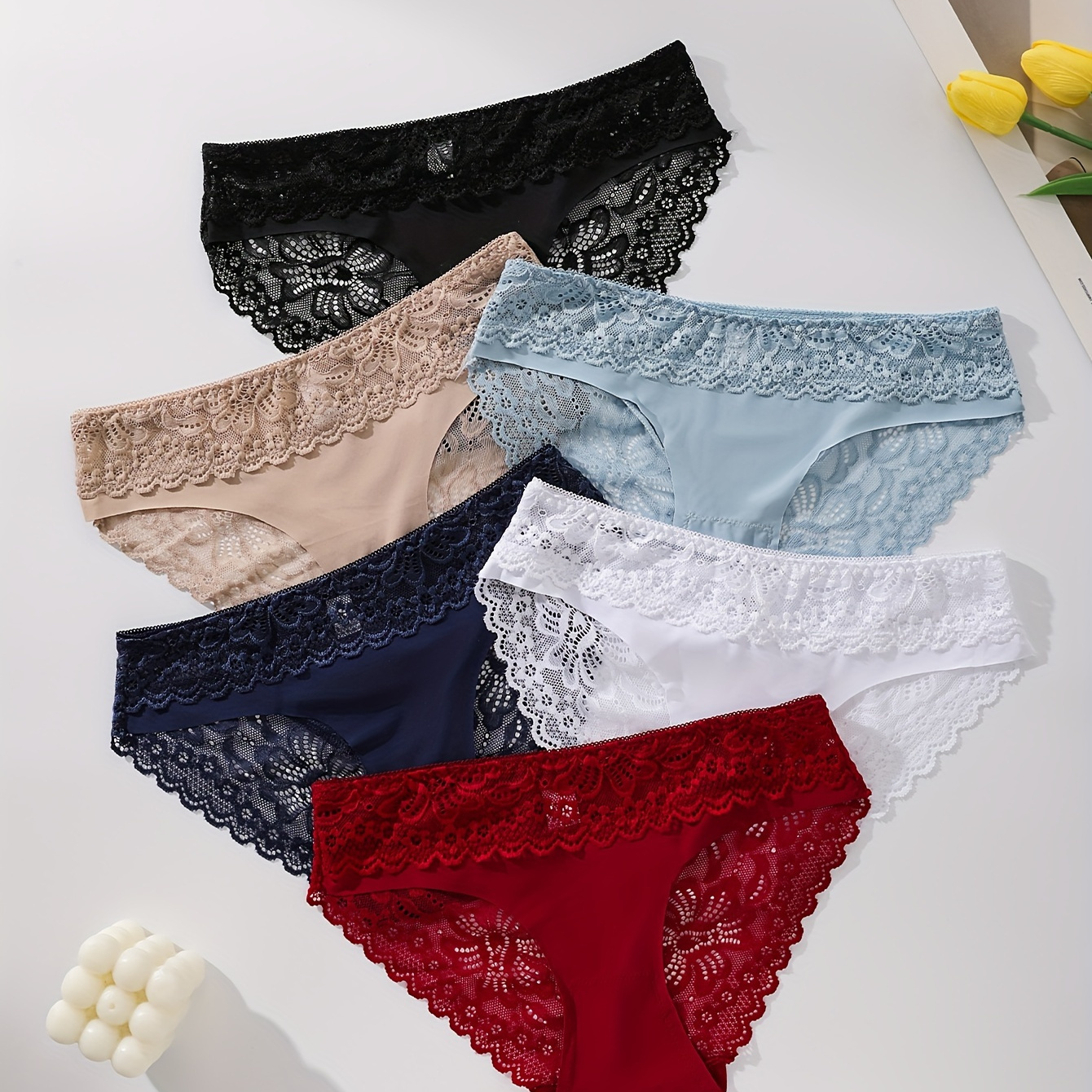 

6pcs Solid Floral Lace Semi Sheer Seamless Briefs, Sexy Comfy Breathable Stretchy Intimates Panties, Women's Lingerie & Underwear