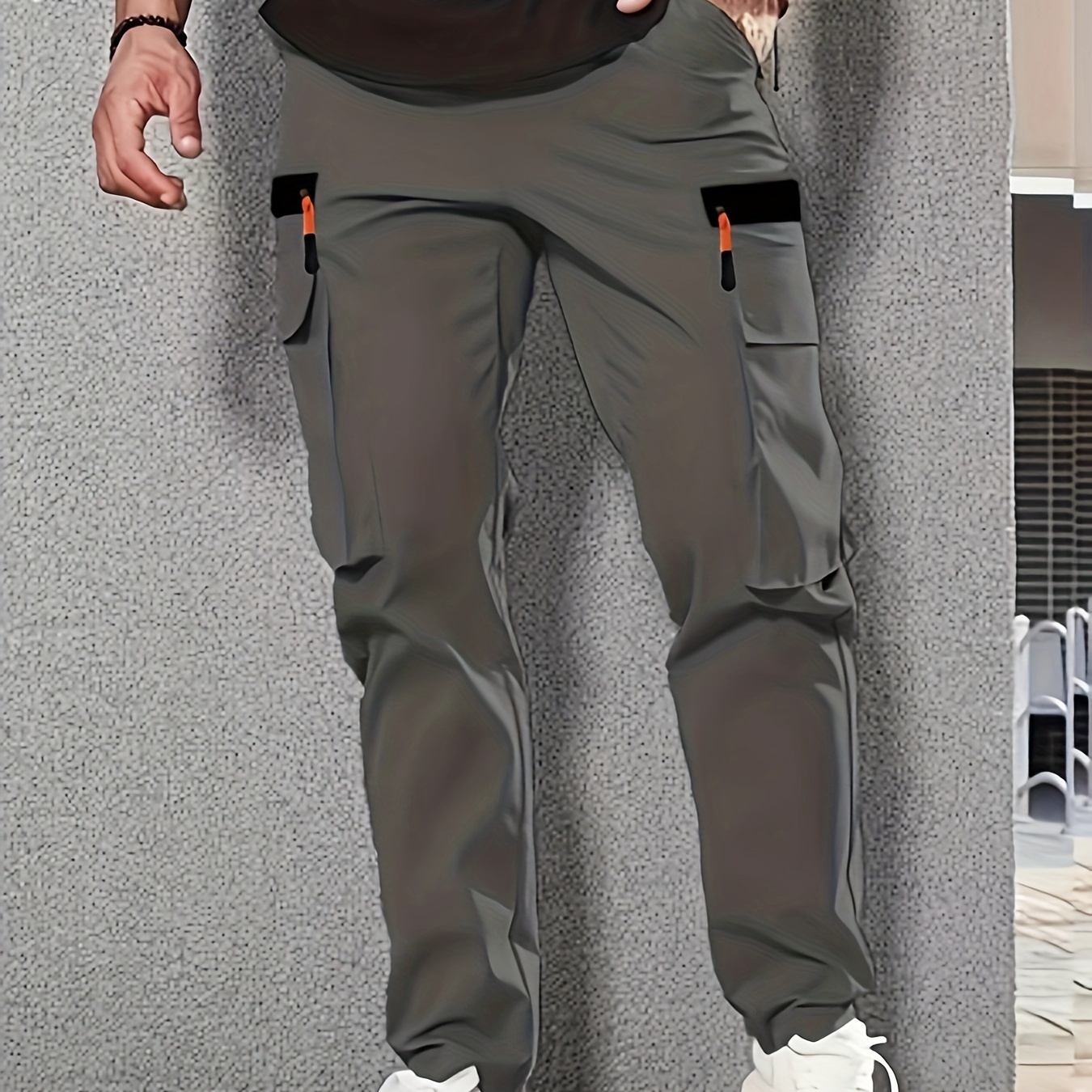 

Men's Casual Cargo Pants - Straight Leg, Polyester, Loose Fit With Multiple Pockets And Adjustable Drawstrings, Solid Color, Ideal For Spring & Fall