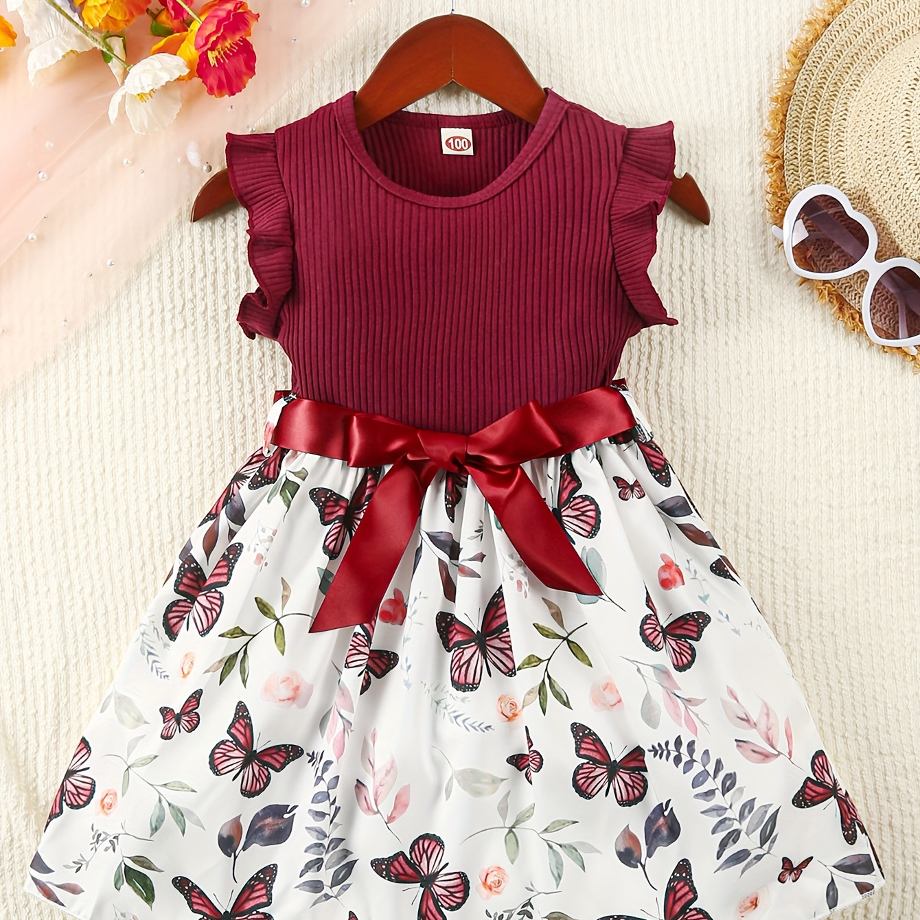 

Baby Girls Sleeveless Flying Sleeve Ribbed Butterfly Print Dress With Belt Cute Autumn Summer Clothes Set