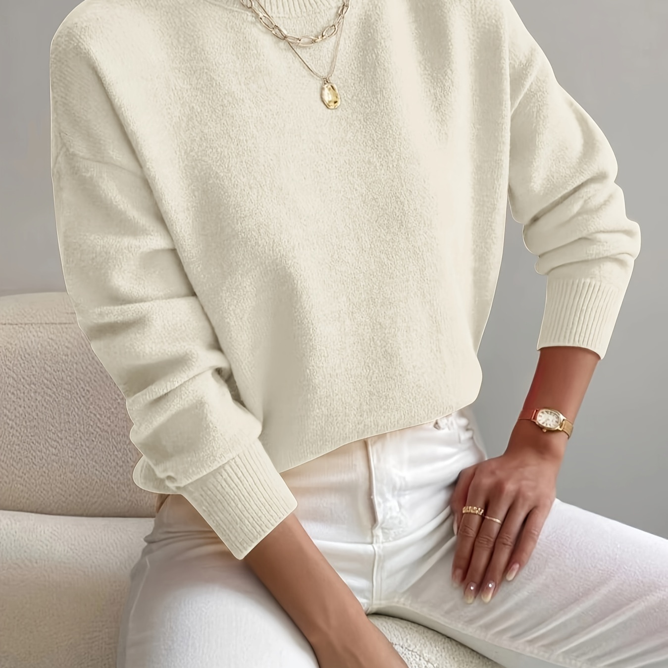 

Solid Color Mock Neck Sweater, Casual Long Sleeve Sweater For Fall & Winter, Women's Clothing