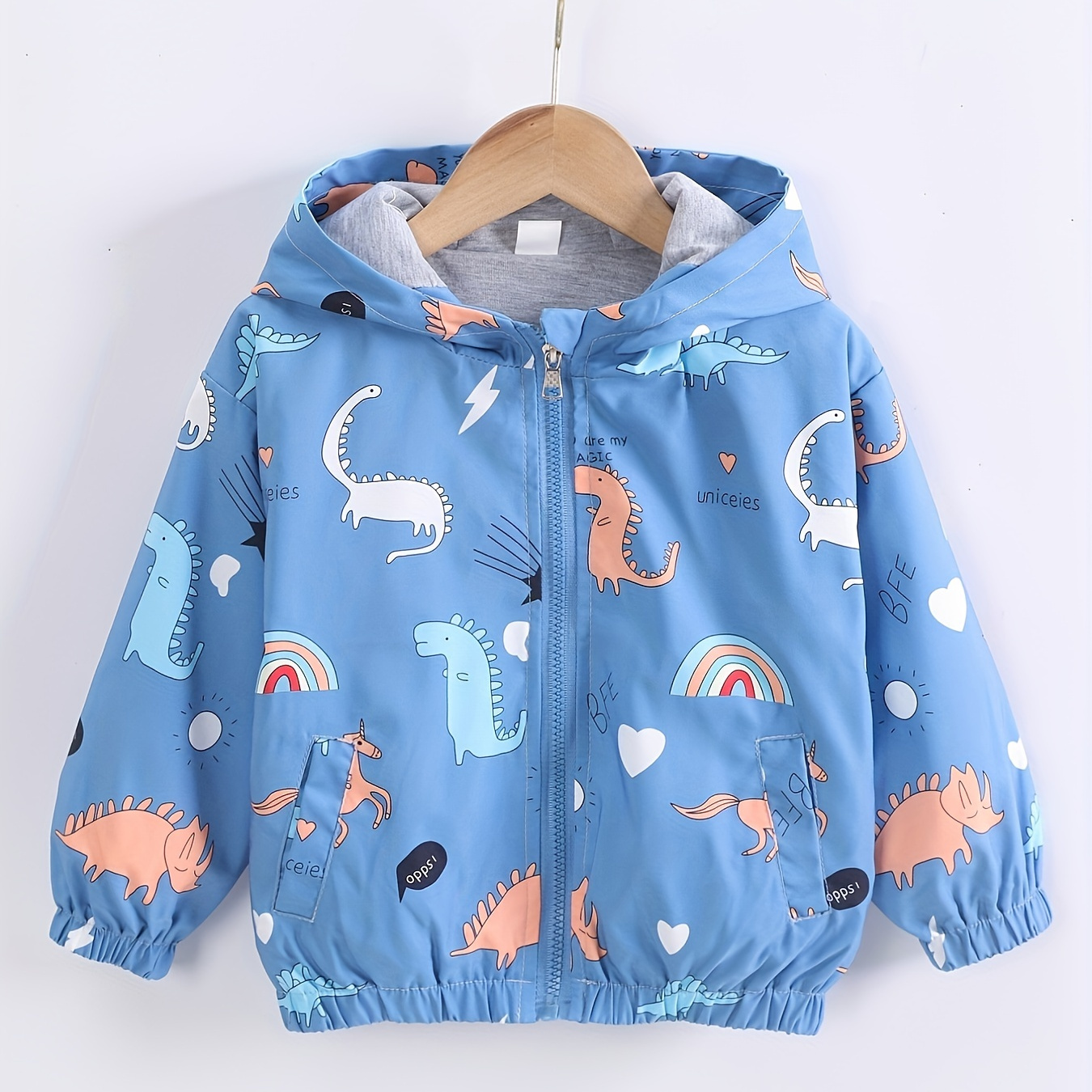 

Boys Cartoon Dinosaur And Rainbow Print Hooded Jacket, Long Sleeve Zip Up Jacket, Boys Clothes Outdoor