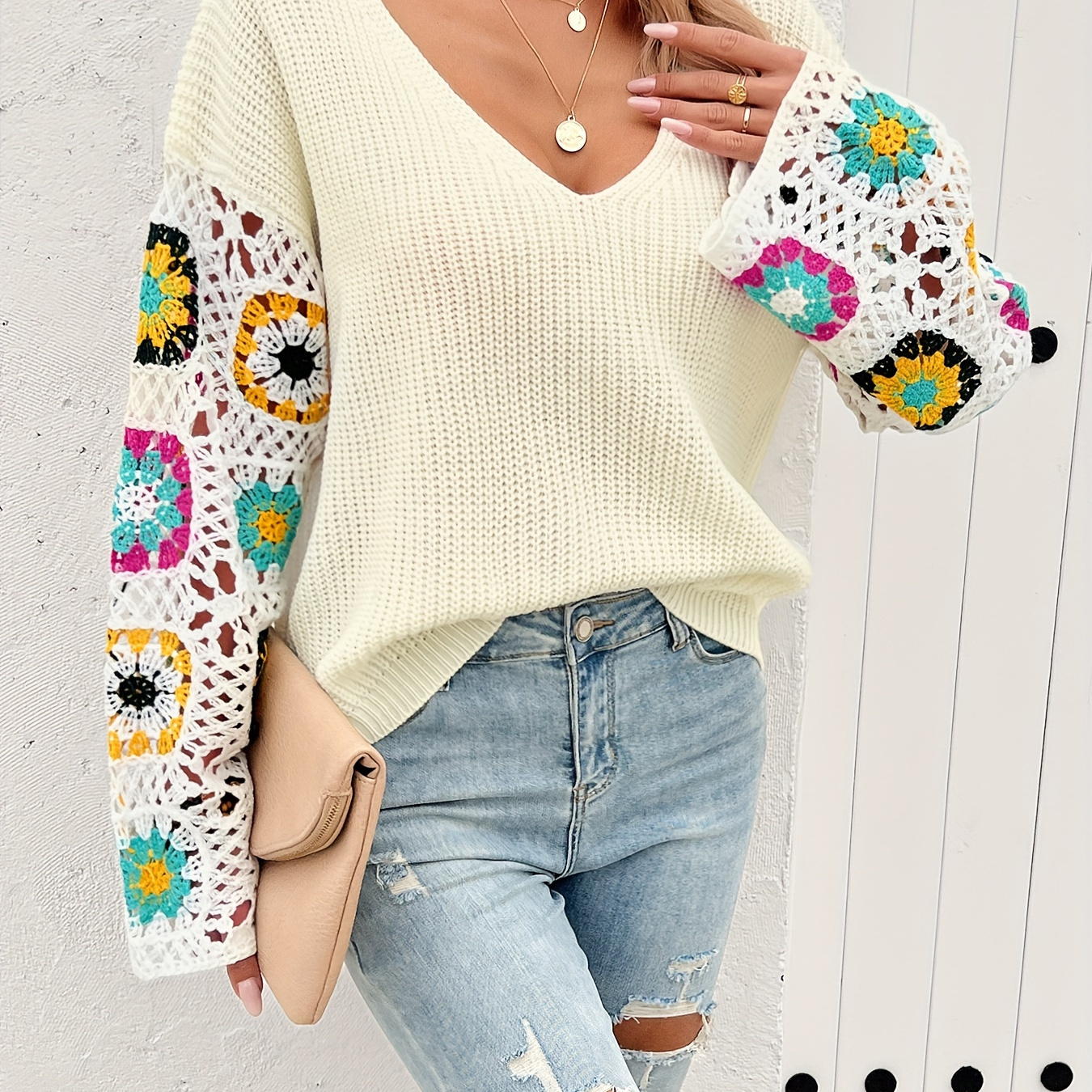 

Floral Pattern V Neck Knit Sweater, Casual Long Sleeve Pullover Sweater, Women's Clothing