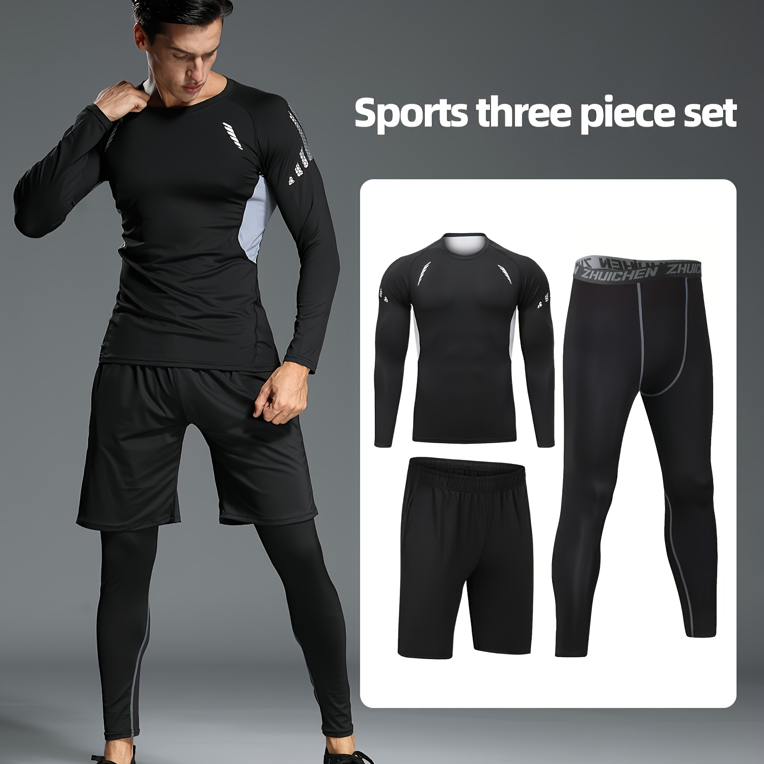 

Men's 3pcs Athletic Set: Quick-dry, Stretchy Running & - Long Sleeve Top, Shorts & Leggings For Spring/fall Workouts