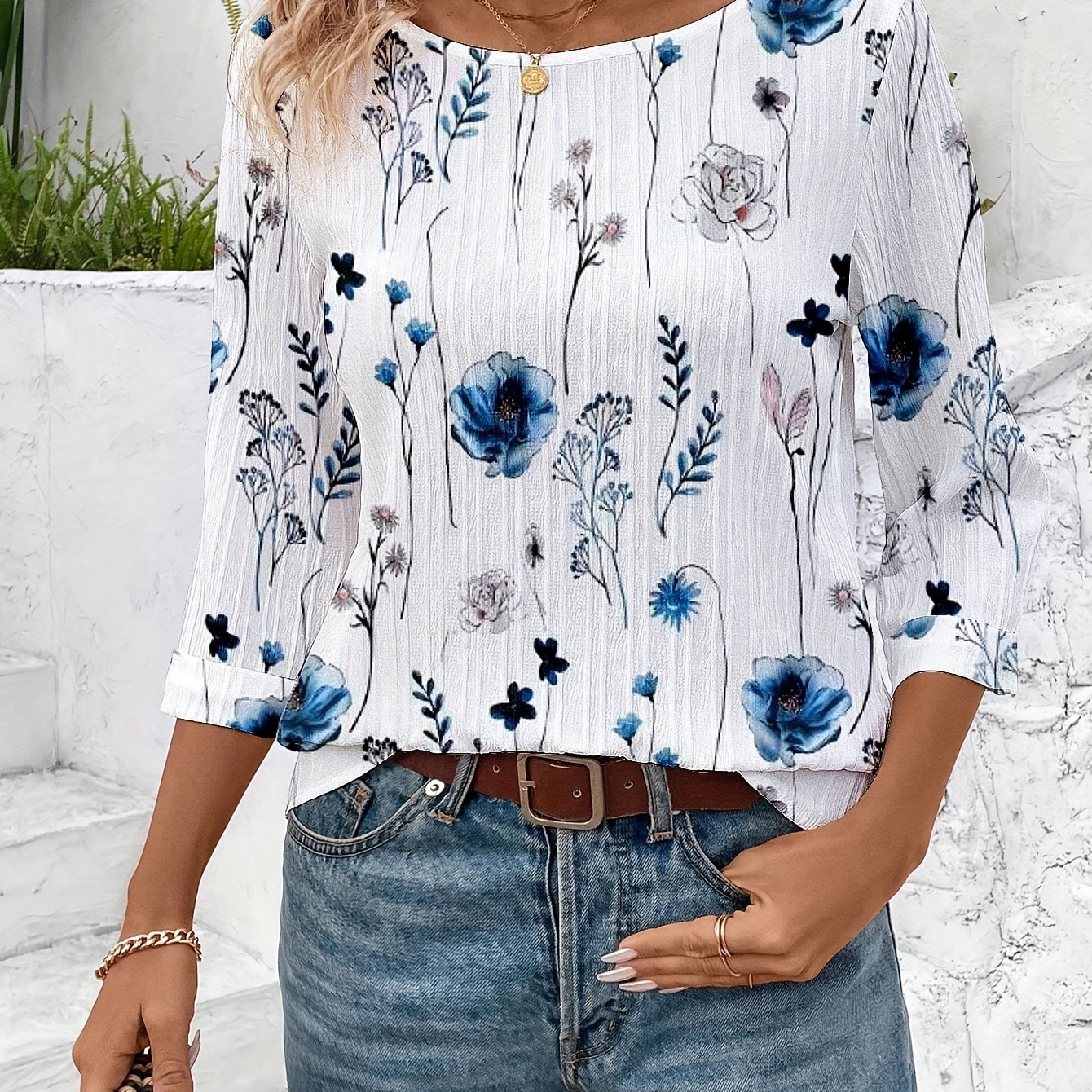 

Floral Neck Blouse, Casual 3/4 Sleeve Blouse For Spring & Fall, Women's Clothing