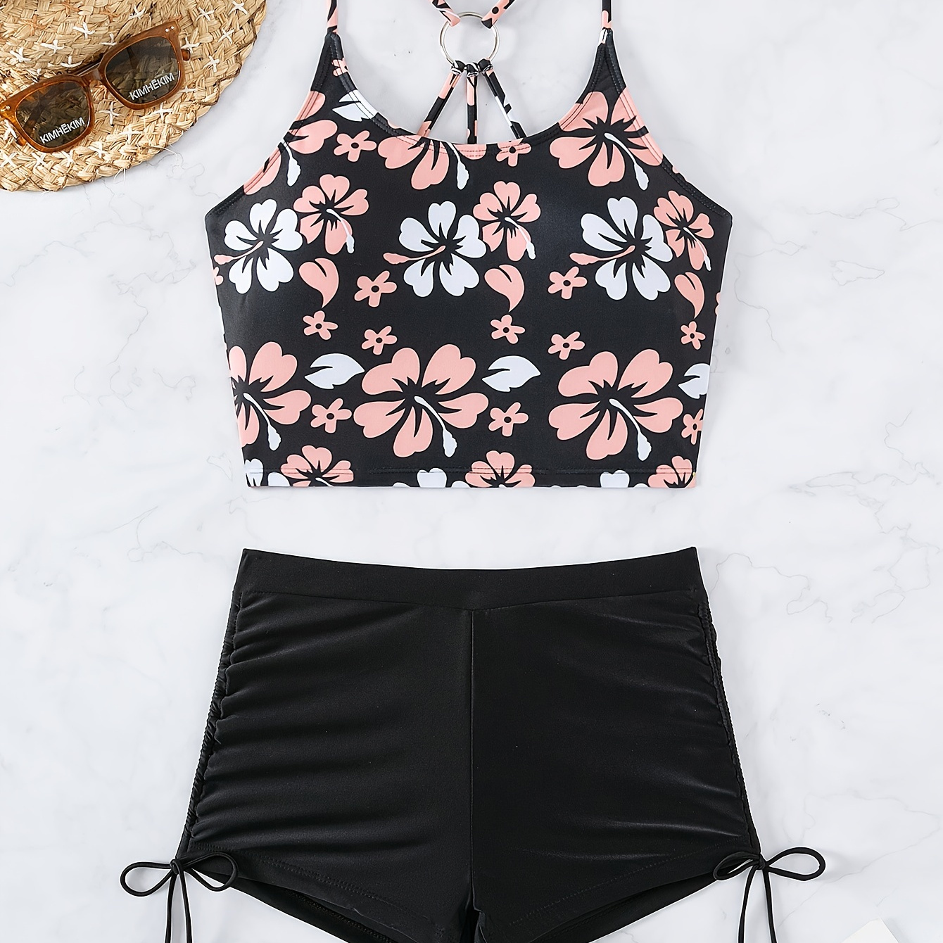 

Floral Pattern 2 Piece Set Tankini, Ring-linked Drawstring Tie Side Boxer Short Bottom Swimsuits, Women's Swimwear & Clothing