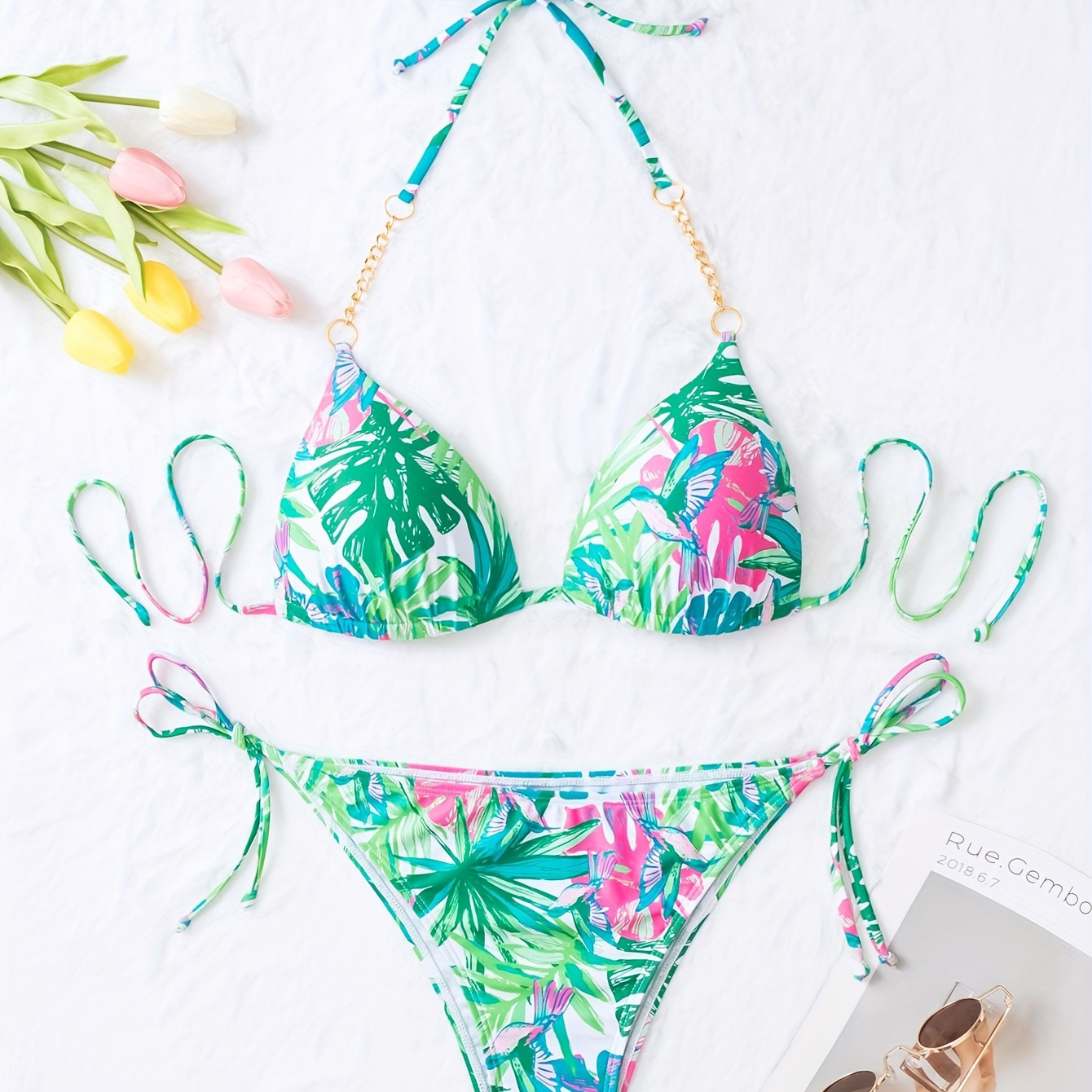 

Tropical Print Chain Link Spaghetti Strap 2 Piece Set Bikini, Halter Tie Back Triangle Stretchy Swimsuits, Women's Swimwear & Clothing