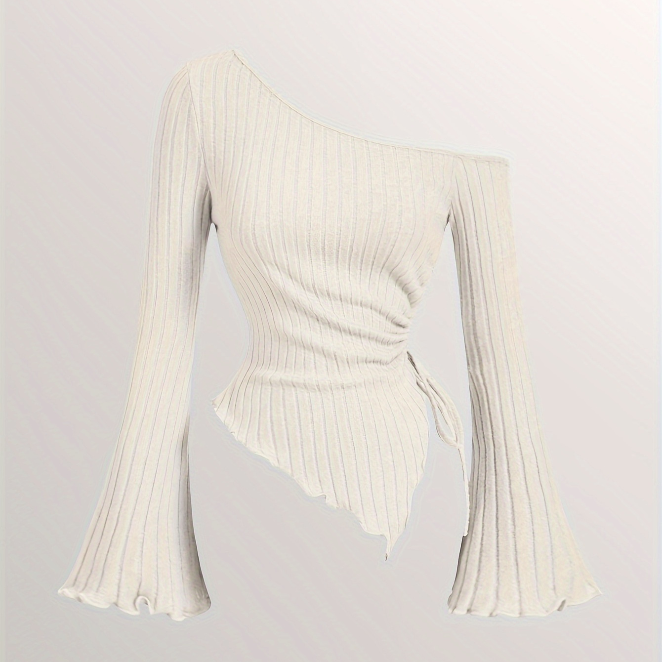 

Elegant Off-shoulder Ribbed T-shirt For Women - Chic Long Sleeve, Ruched Detail, Solid Color, Polyester , Fall/winter