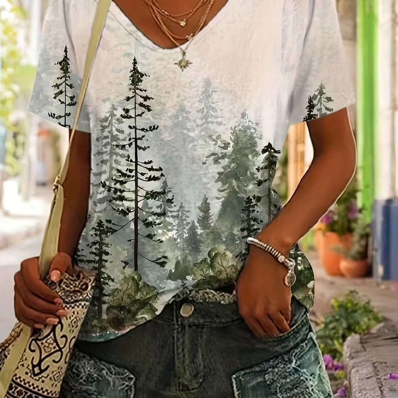 

Forest Print V-neck T-shirt, Casual Short Sleeve Top For Spring & Summer, Women's Clothing