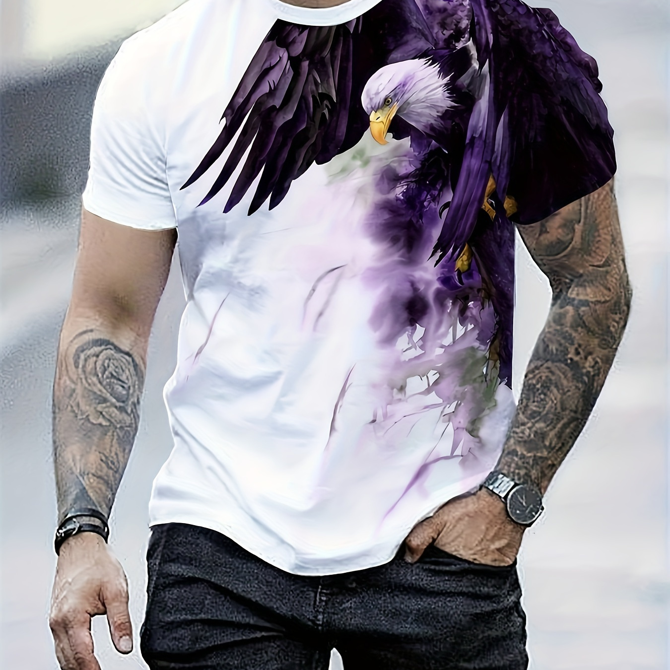 

Men's Summer Casual 3d Eagle Print T-shirt - Lightweight Polyester, Crew Neck, Short Sleeve, Machine Washable, Outdoor Graphic Tee With