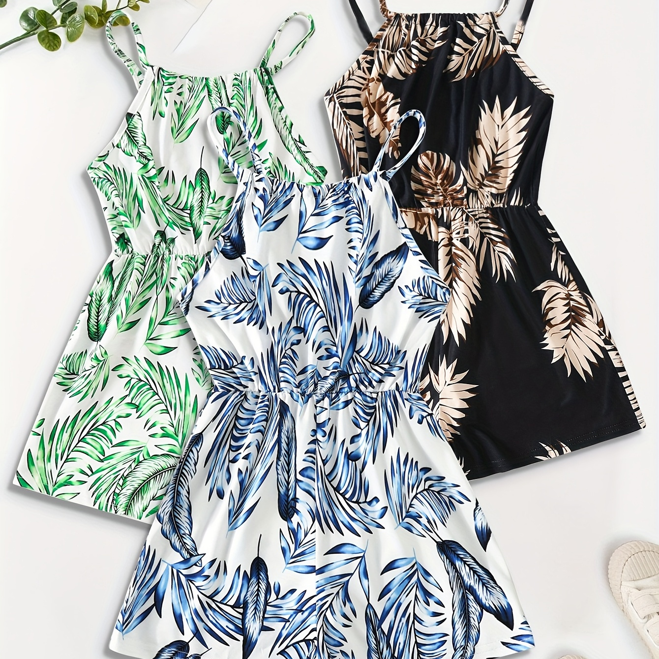 3pcs Girls' Tropical Print Cami Romper Pants