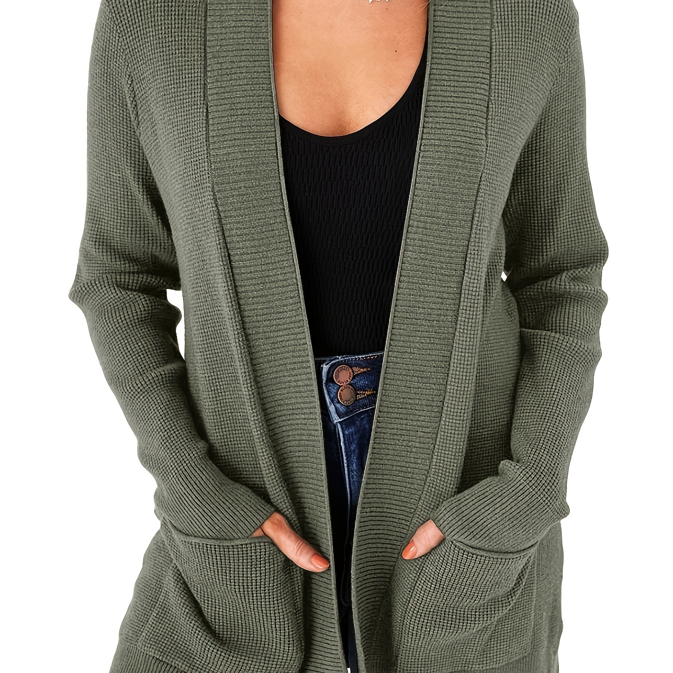 

Open Front Dual Pockets Cardigan, Casual Long Sleeve Cardigan For Fall & Winter, Women's Clothing