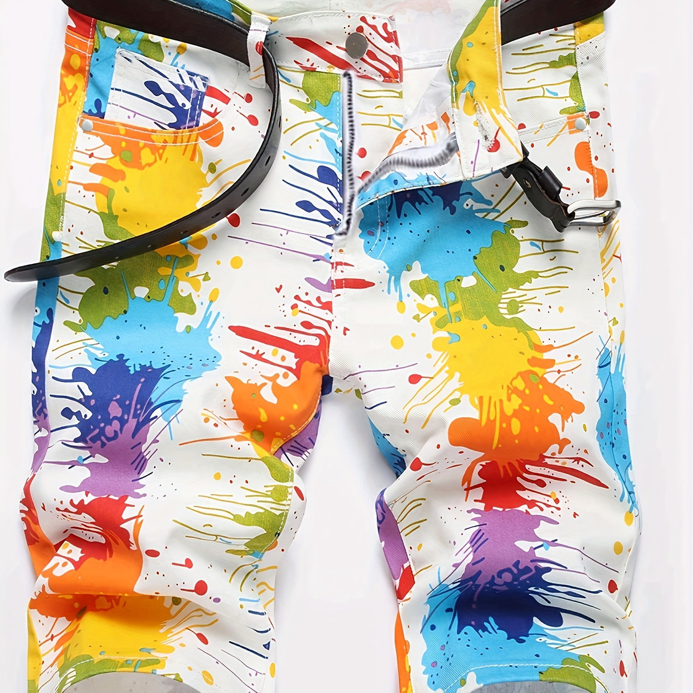 

Men's Cotton Colorful Printed Zipper Up Original Creative Denim Pants With Pockets, Men's Fashion Outfits Jorts, Bermuda Shorts