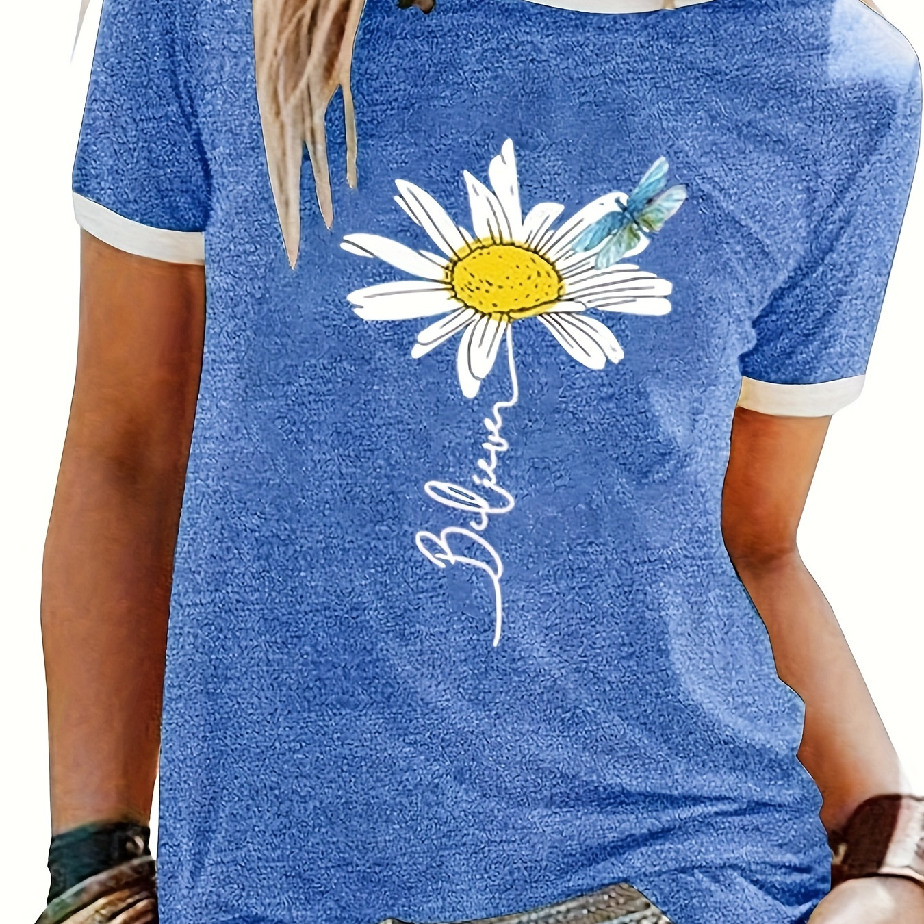 

Floral Neck T-shirt, Casual Short Sleeve T-shirt For , Women's Clothing