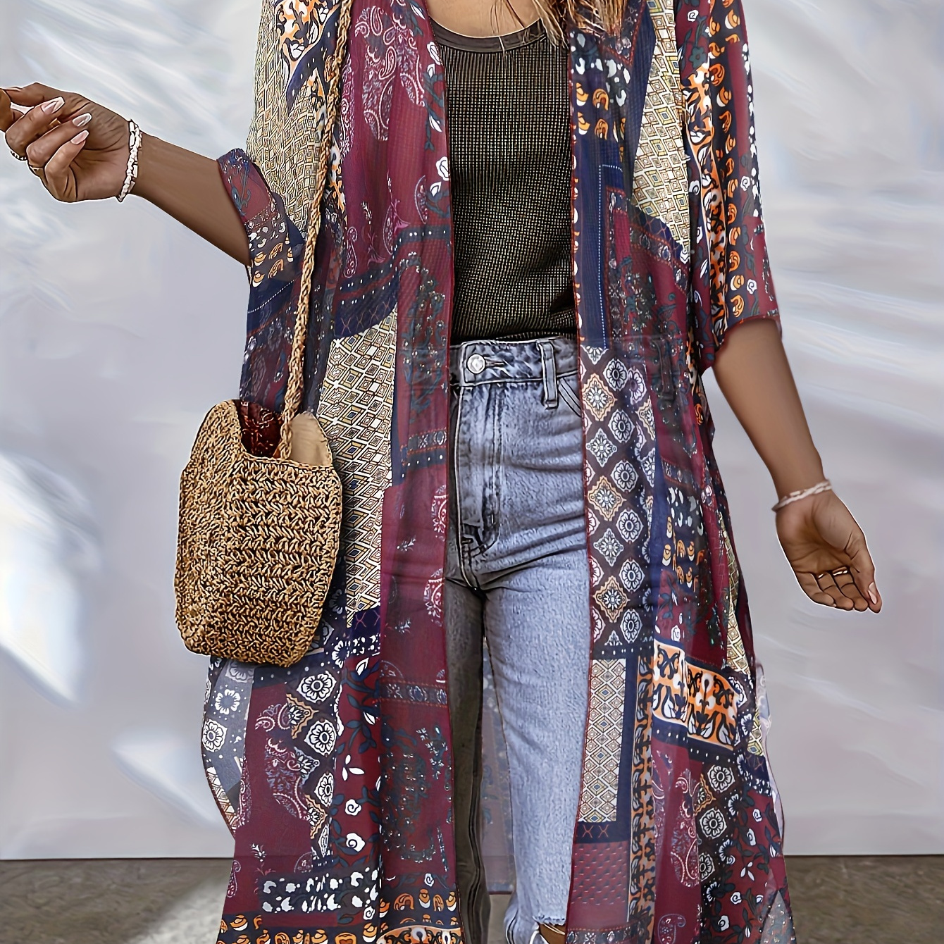 

Patchwork Print Up, Batwing Sleeve Loose Fit Beach Kimono Cardigan, Women's Swimwear & Clothing