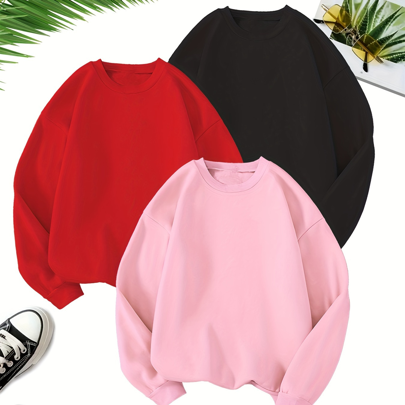 

3 Pack Women's Plus Size Casual Crew Neck Sports Sweatshirt, Solid Color Pullover Sweatshirt For Fall & Winter