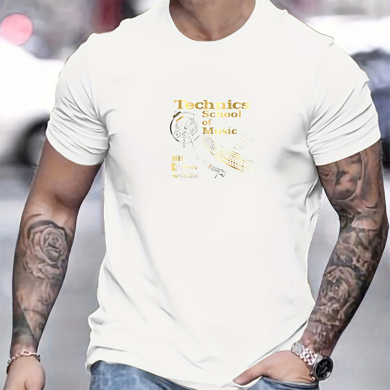 

Men's School Of Music Print Crew Neck Short Sleeve, Casual Daily T-shirt, Comfy Breathable Clothing For Summer