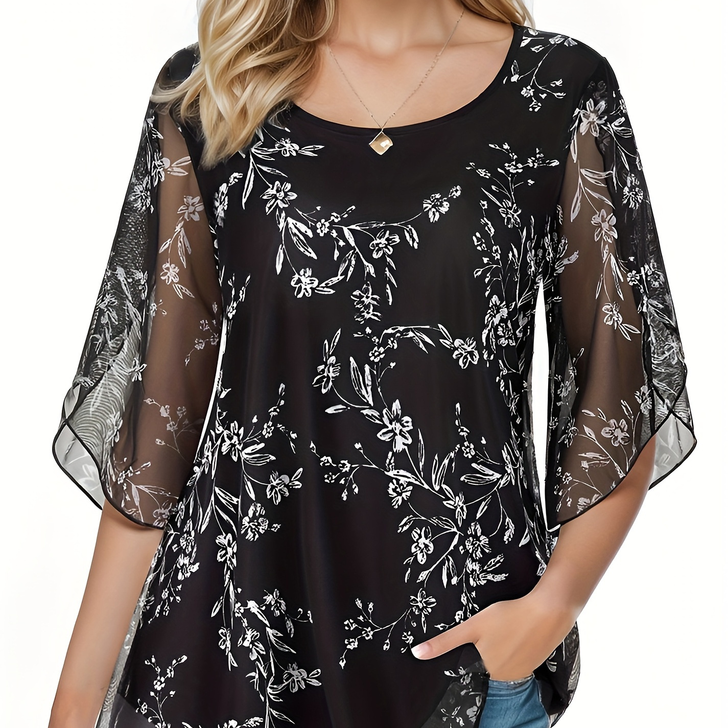 

Tooluck Women's Ruffle 3/4 Sleeve Mesh Blouses Loose Tops Shirts