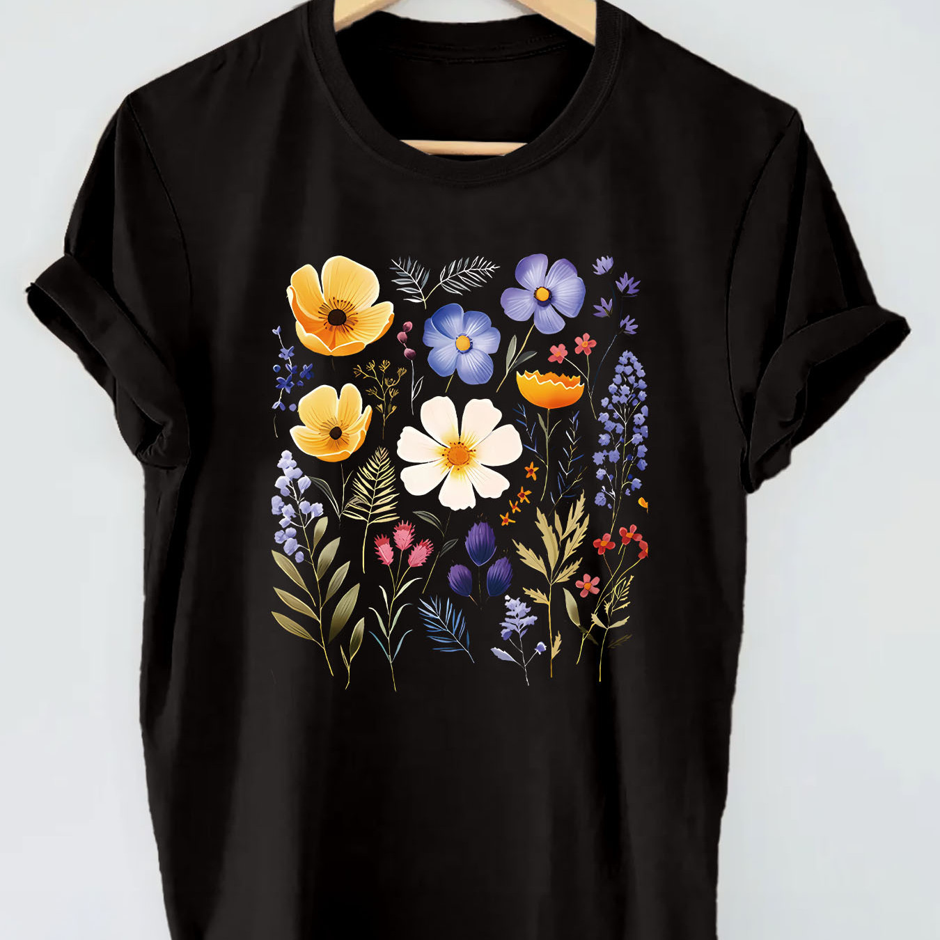 

Floral & Leaves Print Casual T-shirt, Crew Neck Short Sleeve Top For Spring & Summer, Women's Clothing