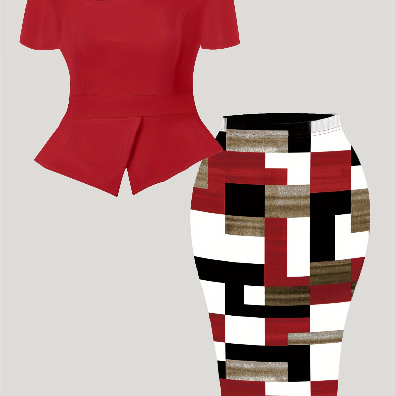 

Plus Size Geometric Print Two-piece Skirt Set, Crew Neck Slit Hem Short Sleeve Top & High Waist Skirts Outfits, Women's Plus Size Clothing